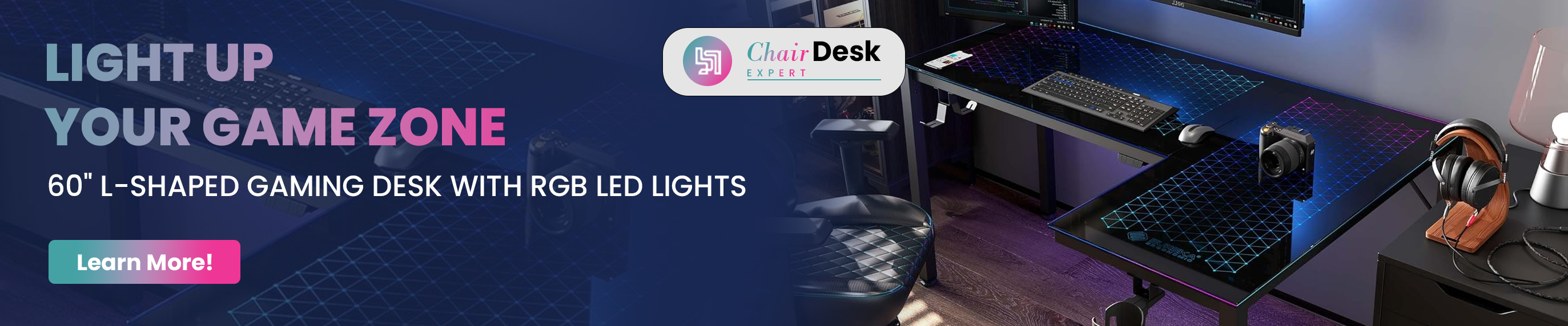 EUREKA ERGONOMIC RGB LED Lights 60 Inch L Shaped Reversible Black Glass Gaming Desk